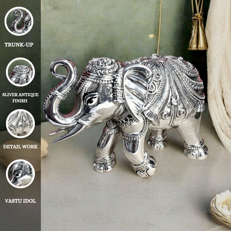 Silver-Plated Antique Finish Trunk-Up Elephant Idol – Decorative Showpiece for Home & Vastu - Divine Art Creation