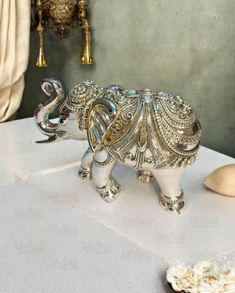 Silver-Plated Antique Finish Trunk-Up Elephant Idol – Decorative Showpiece for Home & Vastu - Divine Art Creation