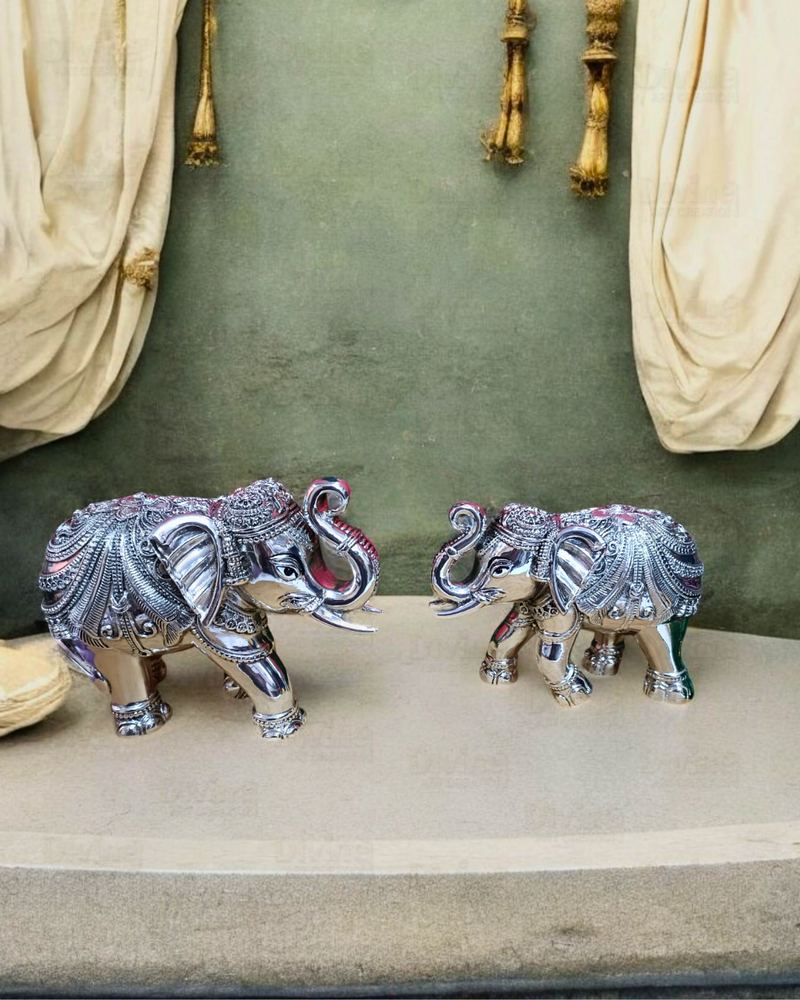 Silver-Plated Elephant Idol - Antique Finish Trunk-Up Decorative Showpiece for Home & Vastu