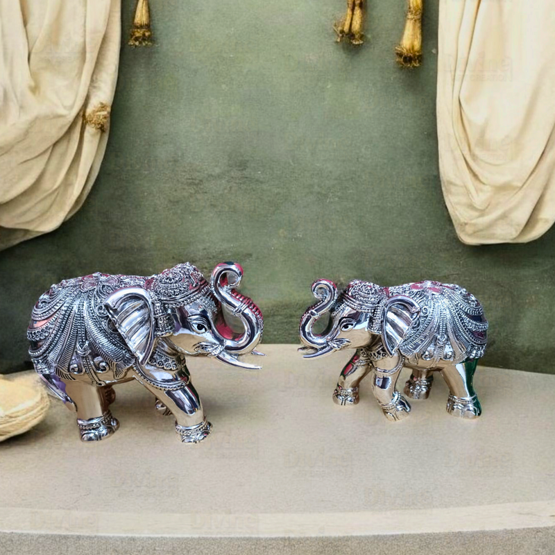 Silver-Plated Elephant Idol - Antique Finish Trunk-Up Decorative Showpiece for Home & Vastu