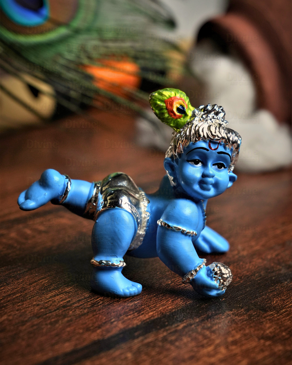 Bal Gopal Krishna Idol Home Decor - Silver Plated Blue Colour Cute Krishna Idol for Home & Gift