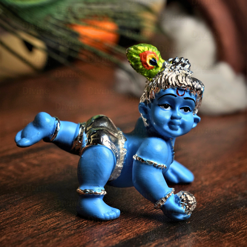 Bal Gopal Krishna Idol Home Decor - Silver Plated Blue Colour Cute Krishna Idol for Home & Gift