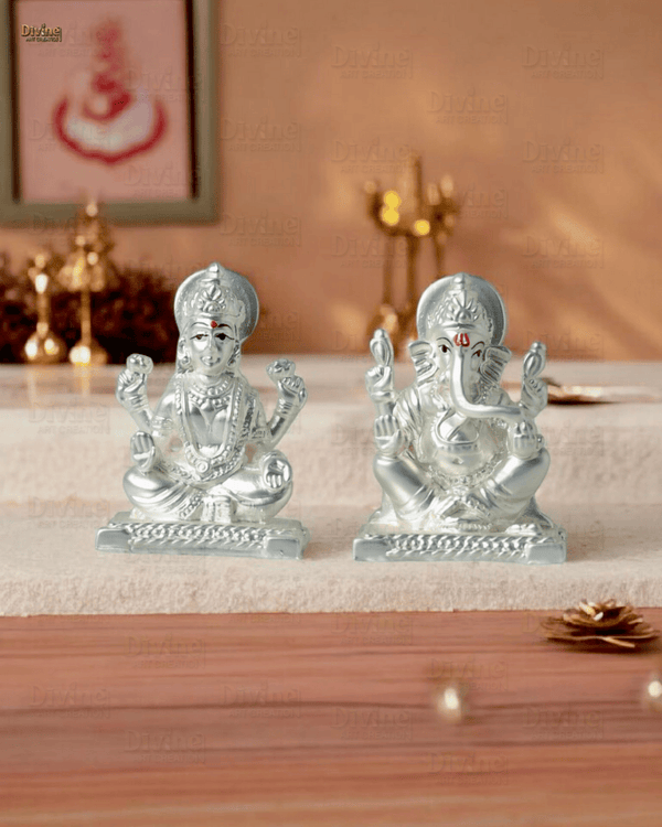 Silver Plated Matt Finish Laxmi and Ganpati - 2 Inch