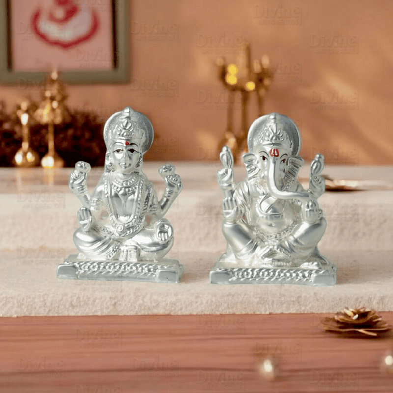 Silver Plated Matt Finish Laxmi and Ganpati - 2 Inch