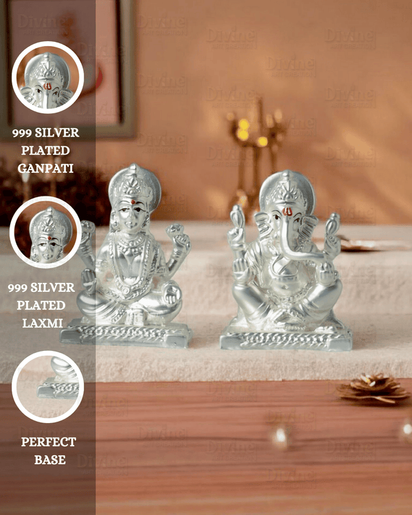 Silver Plated Matt Finish Laxmi and Ganpati - 2 Inch