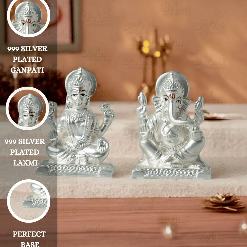 Silver Plated Matt Finish Laxmi and Ganpati - 2 Inch