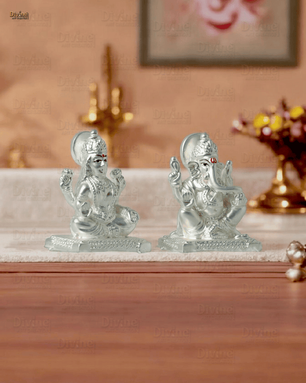 Silver Plated Matt Finish Laxmi and Ganpati - 2 Inch