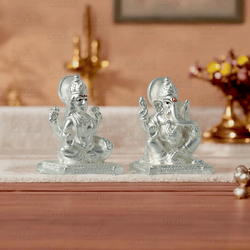 Silver Plated Matt Finish Laxmi and Ganpati - 2 Inch