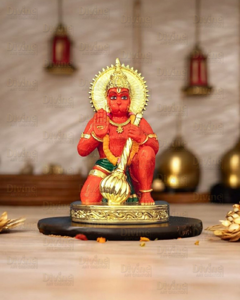 Sinduri Hanuman Murti – Gold Plated Idol for Car Dashboard & Home - Divine Art Creation