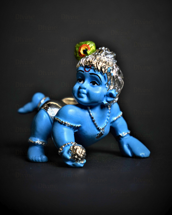 Bal Gopal Krishna Idol Home Decor - Silver Plated Blue Colour Cute Krishna Idol for Home & Gift