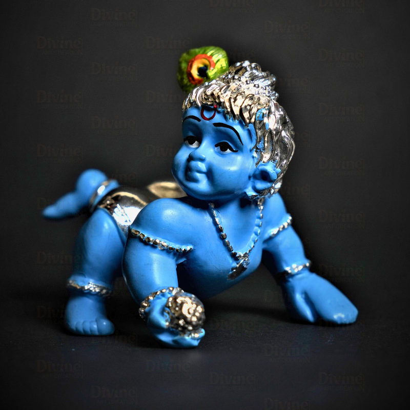 Bal Gopal Krishna Idol Home Decor - Silver Plated Blue Colour Cute Krishna Idol for Home & Gift