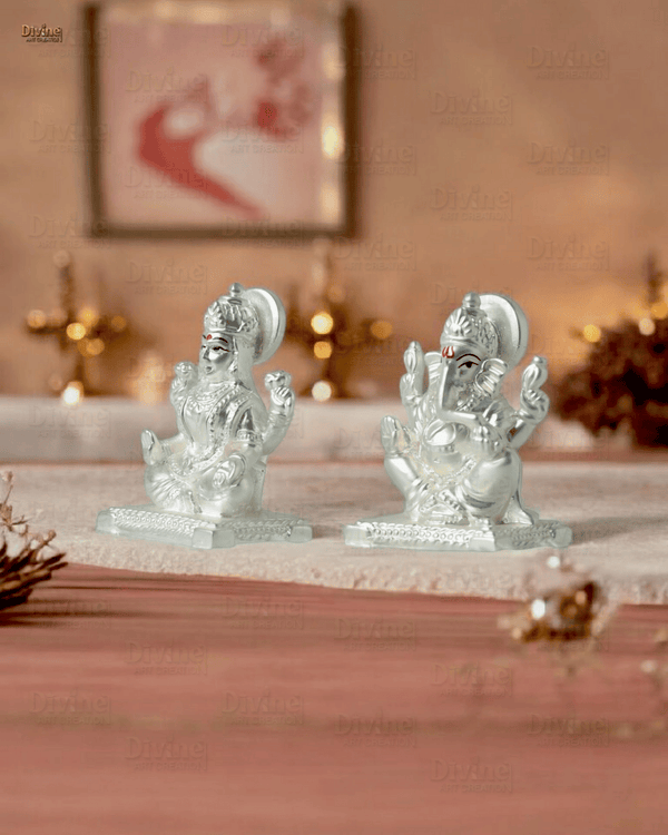 Silver Plated Matt Finish Laxmi and Ganpati - 2 Inch