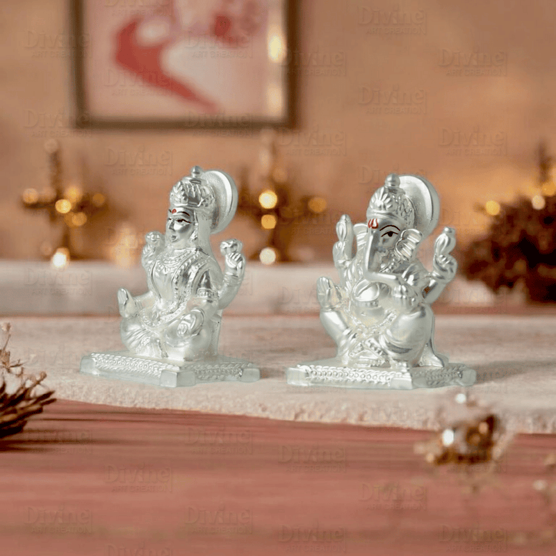 Silver Plated Matt Finish Laxmi and Ganpati - 2 Inch