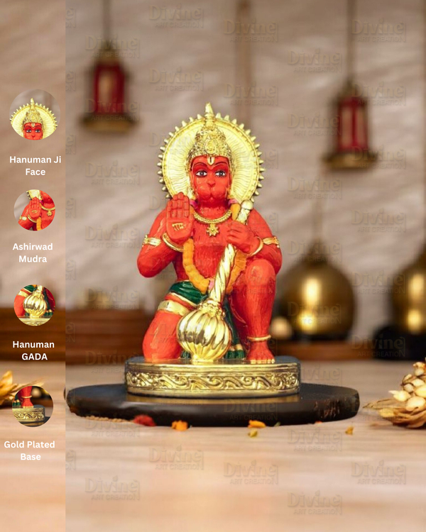 Sinduri Hanuman Murti – Gold Plated Idol for Car Dashboard & Home - Divine Art Creation