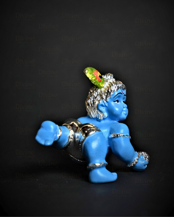 Bal Gopal Krishna Idol Home Decor - Silver Plated Blue Colour Cute Krishna Idol for Home & Gift