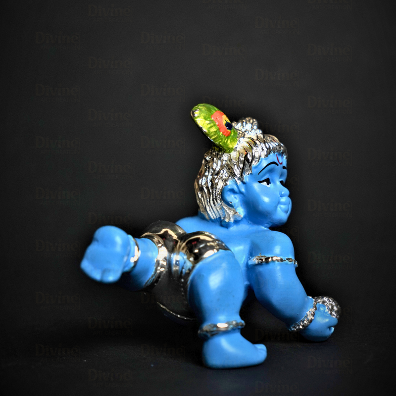 Bal Gopal Krishna Idol Home Decor - Silver Plated Blue Colour Cute Krishna Idol for Home & Gift