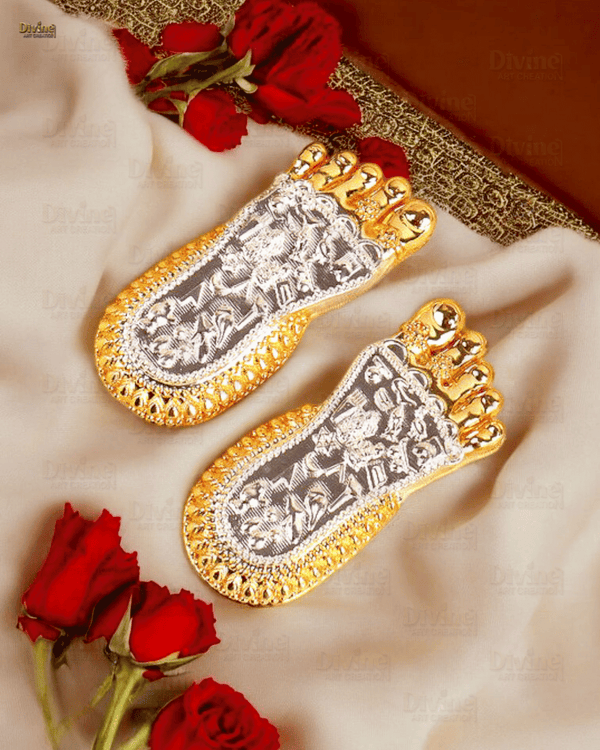 Maa Lakshmi Charan Paduka | Gold & Silver Plated Divine Footprints | 3 Inch
