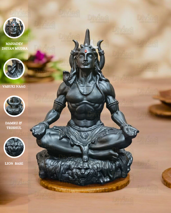 Adiyogi Idol – Black Matte Finish on Rock Base | Lord Shiva Statue - Divine Art Creation