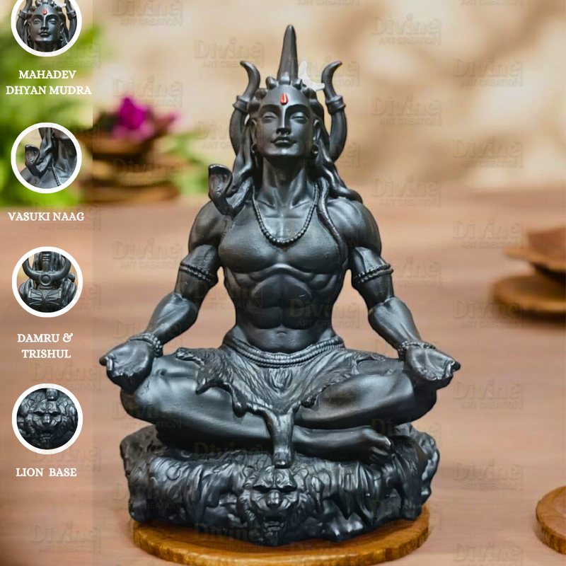 Adiyogi Idol – Black Matte Finish on Rock Base | Lord Shiva Statue - Divine Art Creation