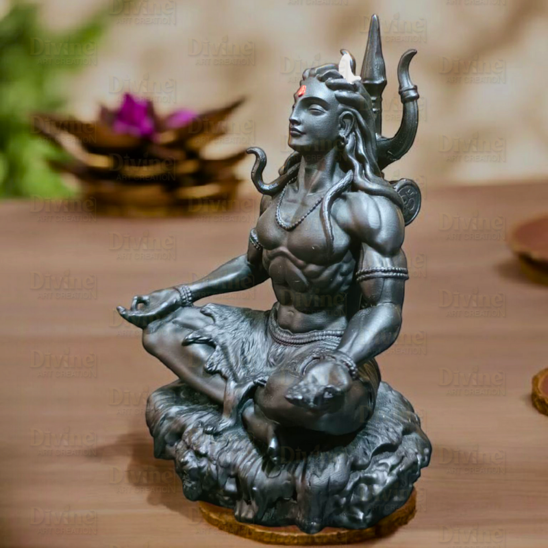 Adiyogi Idol – Black Matte Finish on Rock Base | Lord Shiva Statue - Divine Art Creation