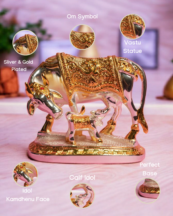 Gold & Silver Plated Kamdhenu Cow Idol with Calf – Sacred Vastu Idol