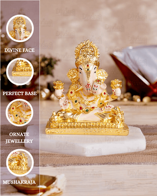 Dagdusheth Halwai Ganpati Murti – Gold Plated Lord Ganesha Idol (3.5 Inch)
