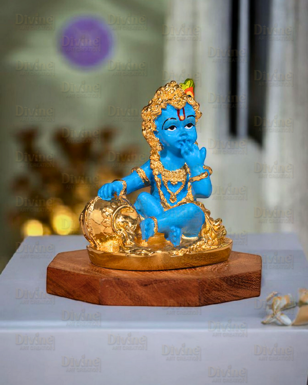 Makhan Chor Krishna Idol – Gold Plated with Blue Color - Divine Art Creation