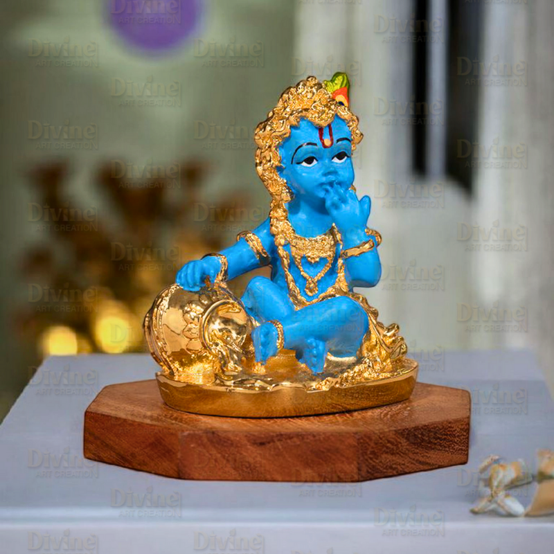 Makhan Chor Krishna Idol – Gold Plated with Blue Color - Divine Art Creation