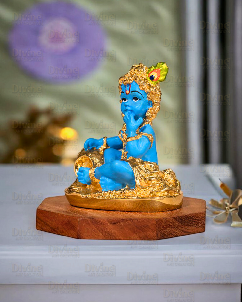 Makhan Chor Krishna Idol – Gold Plated with Blue Color - Divine Art Creation