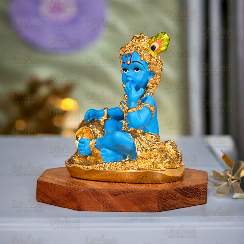 Makhan Chor Krishna Idol – Gold Plated with Blue Color - Divine Art Creation