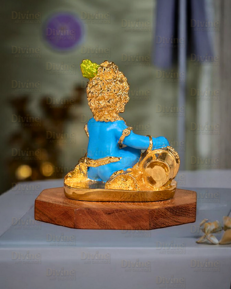 Makhan Chor Krishna Idol – Gold Plated with Blue Color - Divine Art Creation