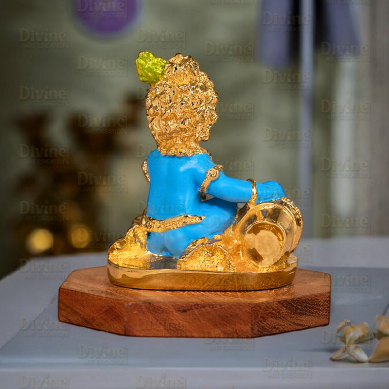 Makhan Chor Krishna Idol – Gold Plated with Blue Color - Divine Art Creation