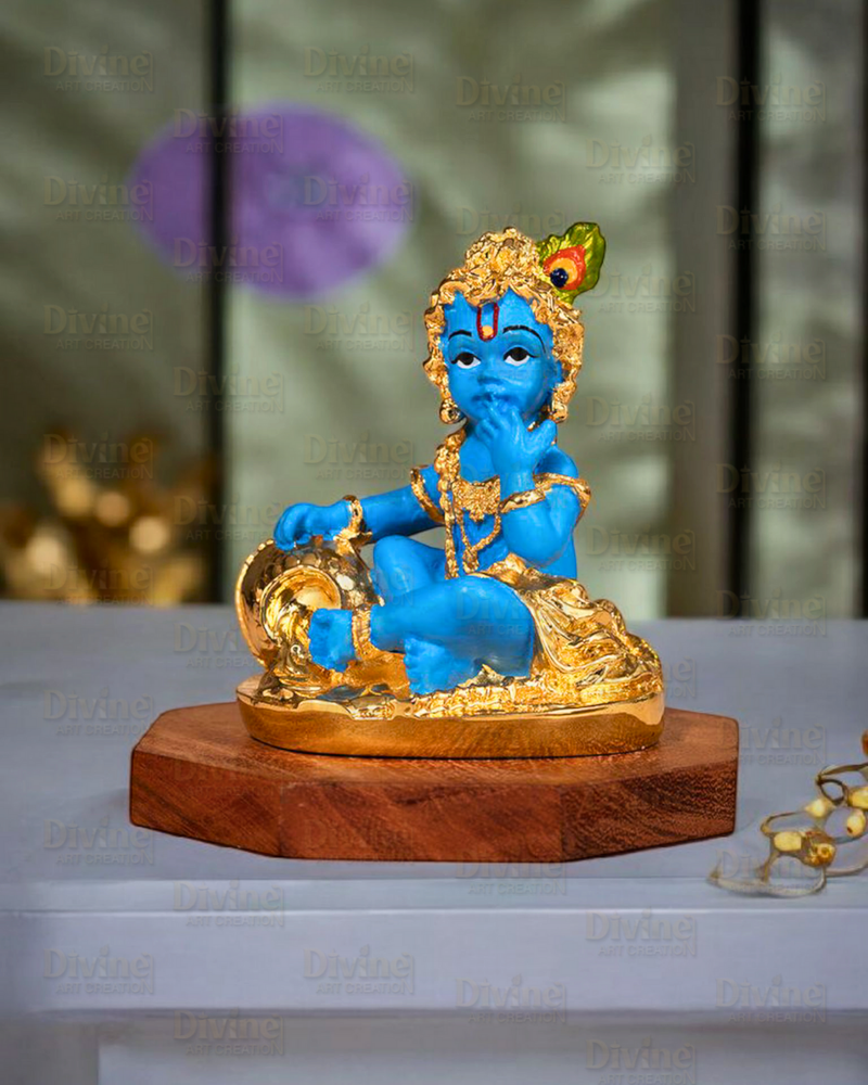Makhan Chor Krishna Idol – Gold Plated with Blue Color - Divine Art Creation