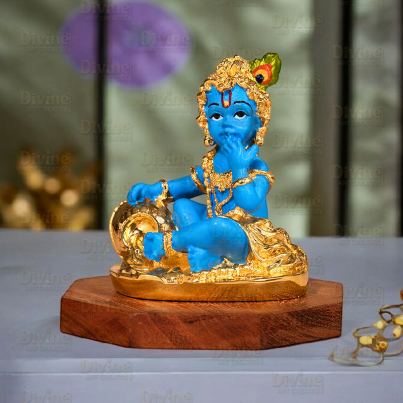 Makhan Chor Krishna Idol – Gold Plated with Blue Color - Divine Art Creation