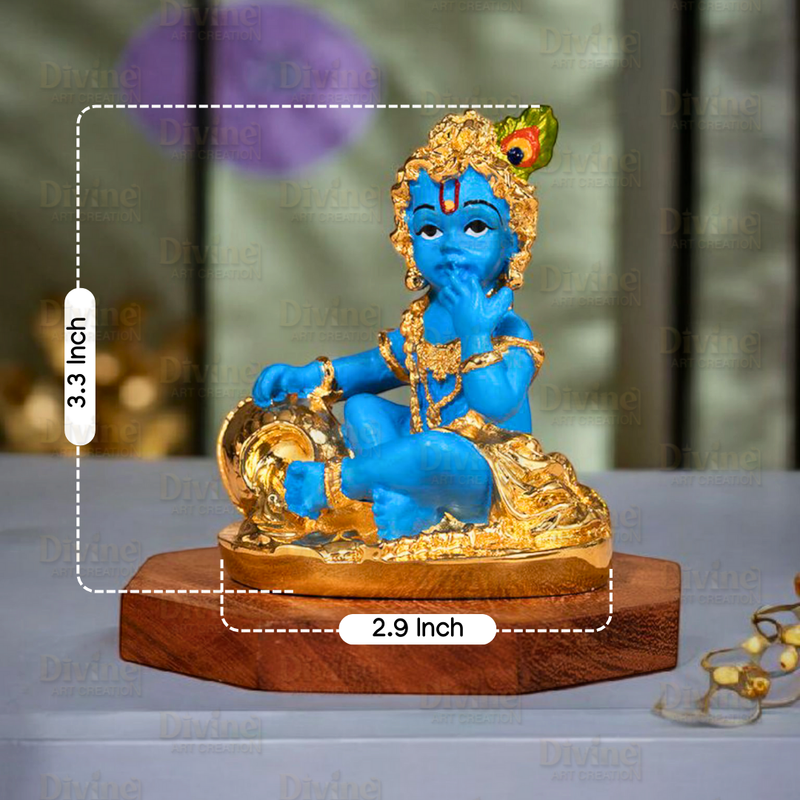 Makhan Chor Krishna Idol – Gold Plated with Blue Color - Divine Art Creation