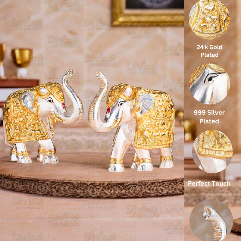 Gold and Silver Plated Elephent Pair- 3 Inch - Divine Art Creation