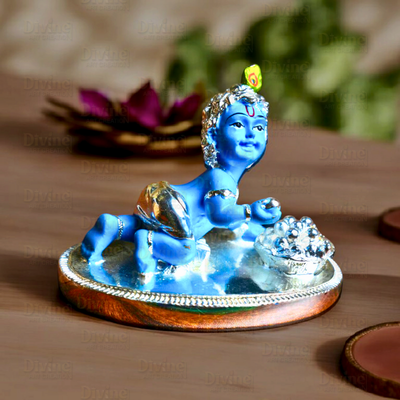 Laddu Gopal Silver Plated with Blue Colour – Cute Bal Krishna Idol for Home & Pooja - Divine Art Creation