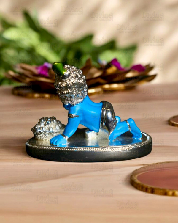 Laddu Gopal Idols - Silver Plated Cute Bal Krishna Idol with Blue Colour for Home & Pooja