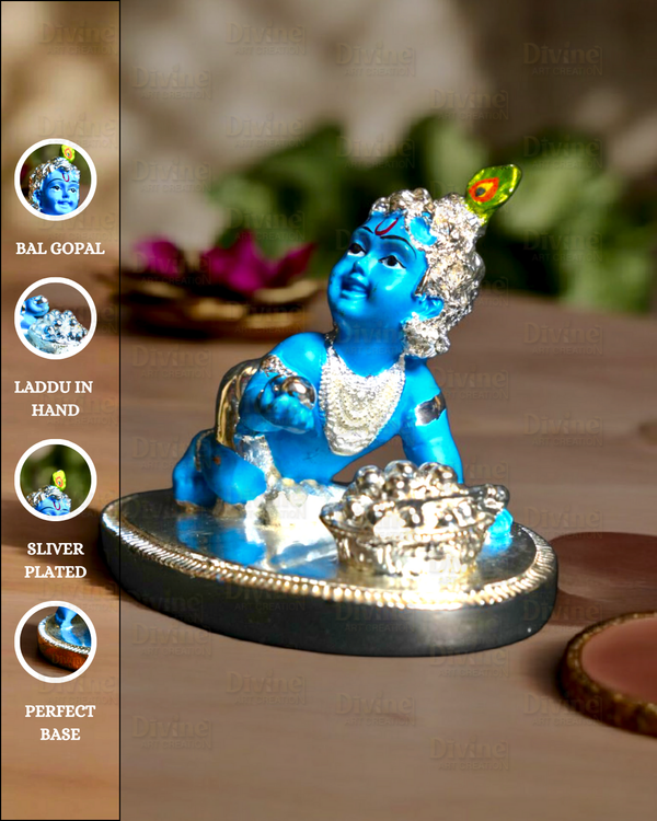 Laddu Gopal Silver Plated with Blue Colour – Cute Bal Krishna Idol for Home & Pooja - Divine Art Creation