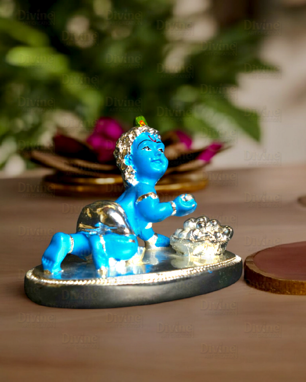 Laddu Gopal Silver Plated with Blue Colour – Cute Bal Krishna Idol for Home & Pooja - Divine Art Creation
