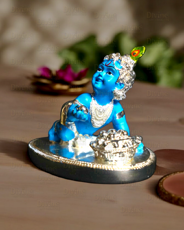 Laddu Gopal Silver Plated with Blue Colour – Cute Bal Krishna Idol for Home & Pooja - Divine Art Creation