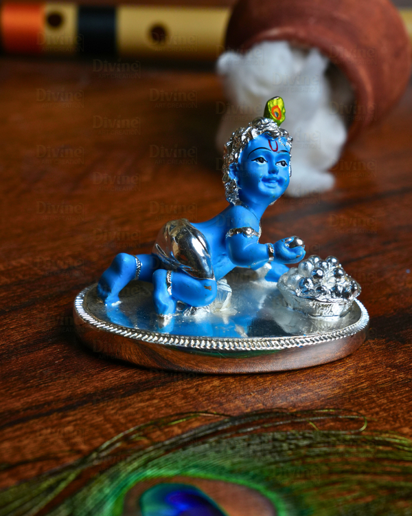Laddu Gopal Idols - Silver Plated Cute Bal Krishna Idol with Blue Colour for Home & Pooja