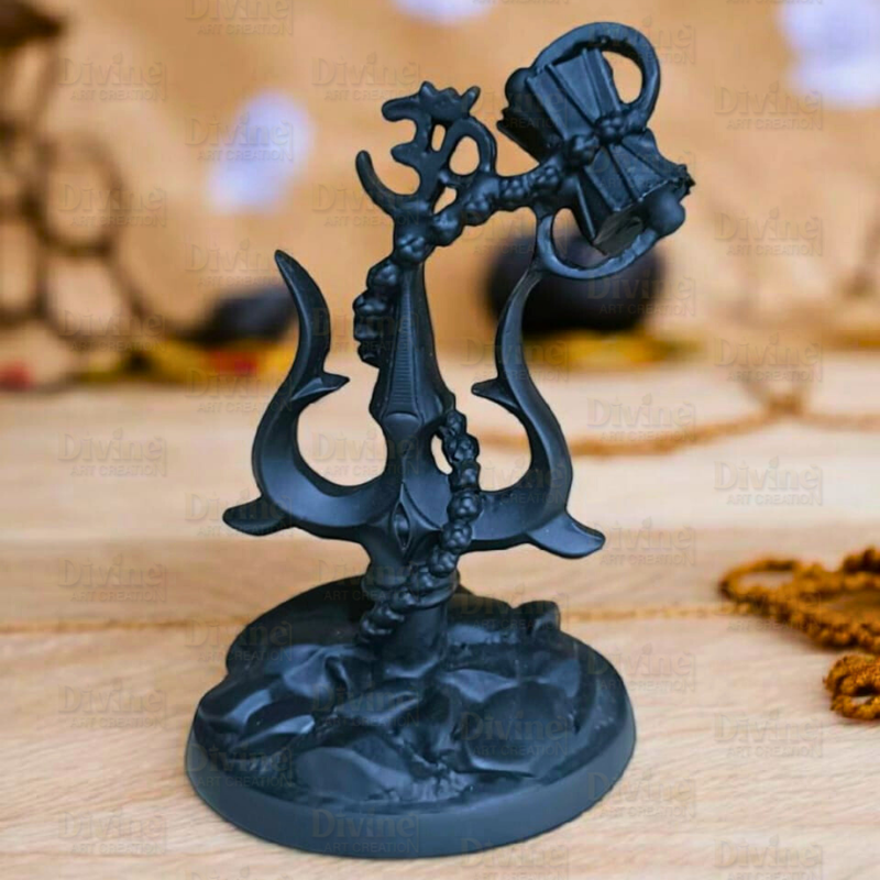 Black Matte Finish Trishul on Rock – Shiv Symbol Spiritual Showpiece - Divine Art Creation
