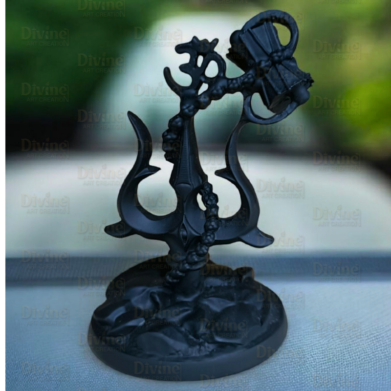 Black Matte Finish Trishul on Rock – Shiv Symbol Spiritual Showpiece - Divine Art Creation